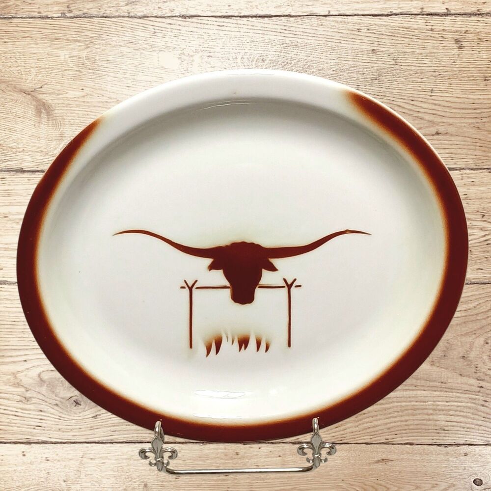 Vtg Jackson Oval Longhorn Western Theme Vitrified China Plate 9.5"x8" 1950-60's